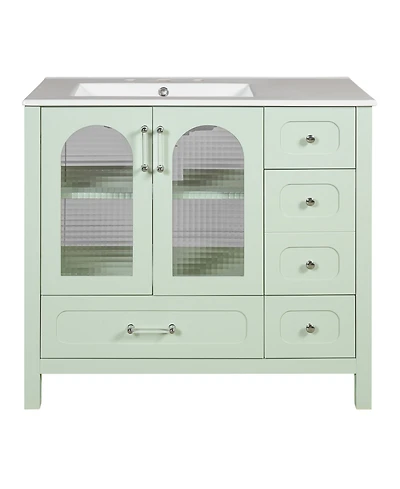 Casainc 36-Inch Bathroom Cabinet with Waffle Texture Doors, Four Drawers, Two Soft-Close Doors & Glass Storage