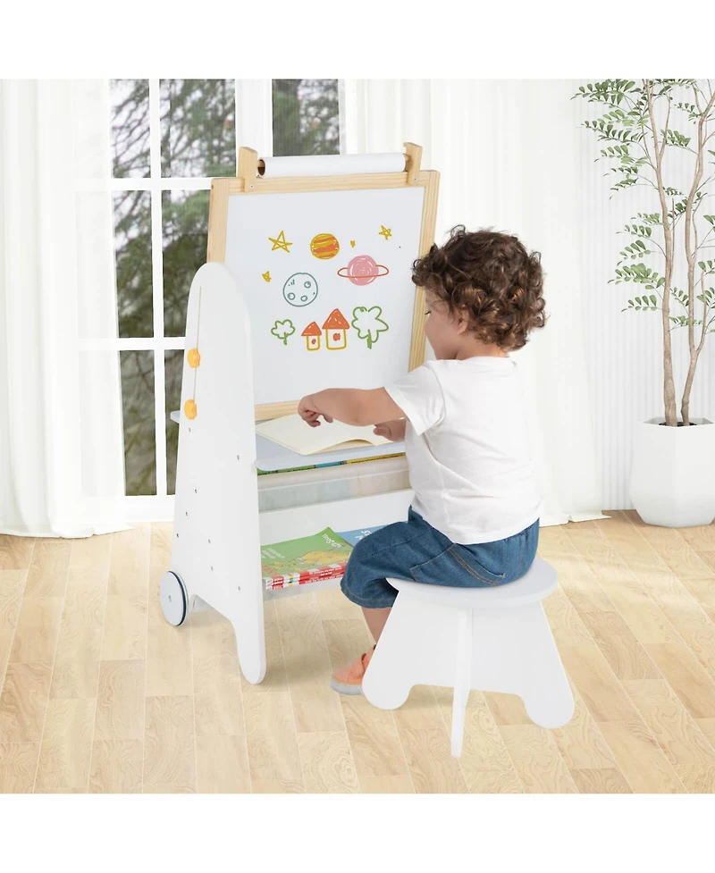 4-in-1 Kids Art Easel with Stool Magnetic Whiteboard Chalkboard & Paper Roll