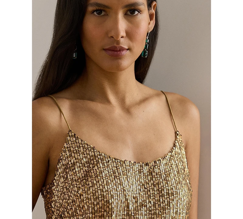 Lauren Ralph Women's Hatita Sequined Mesh Spaghetti Strap Camisole Top