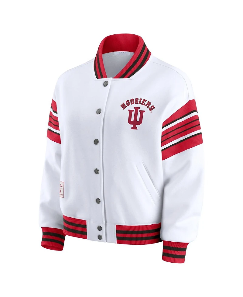 Wear by Erin Andrews Women's White/Crimson Indiana Hoosiers Satin Stitch Full-Snap Fleece Sweatshirt Jacket