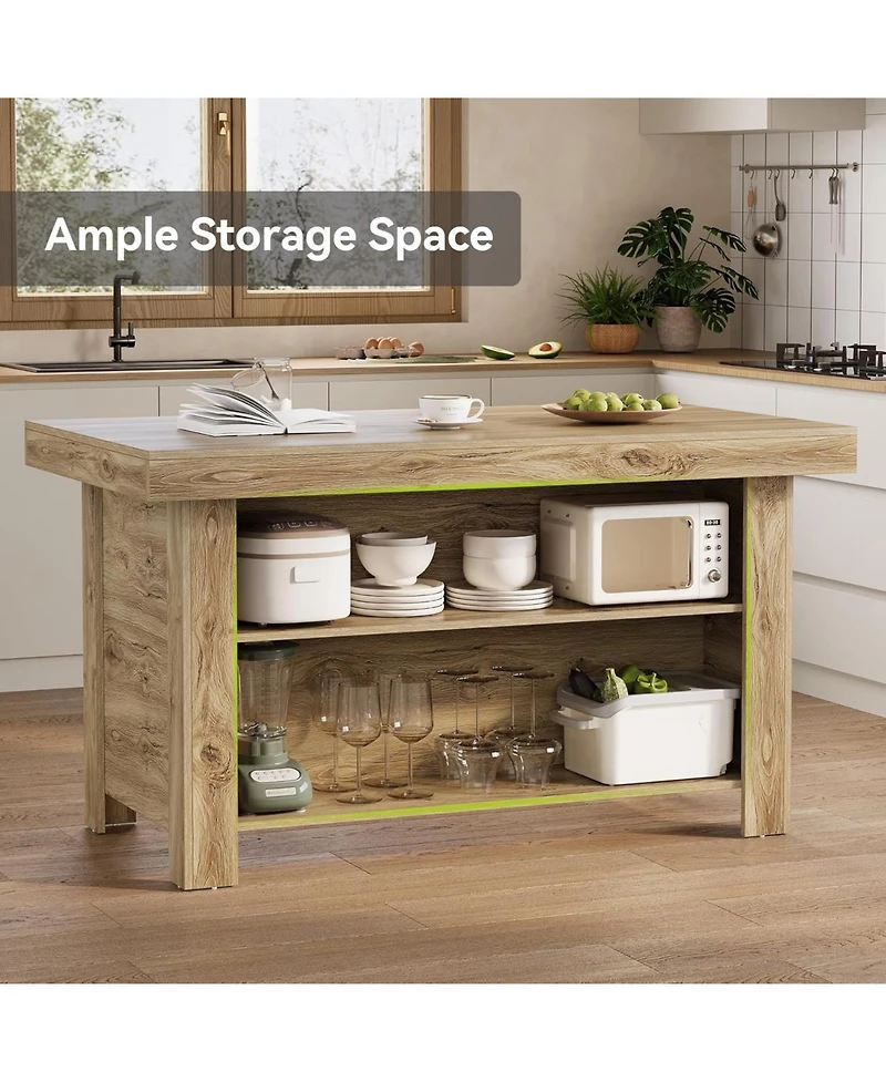 Tribesigns 55 Inches Kitchen Island with Storage, 3-Tier Farmhouse Wooden Stationary Table, Rustic Brown
