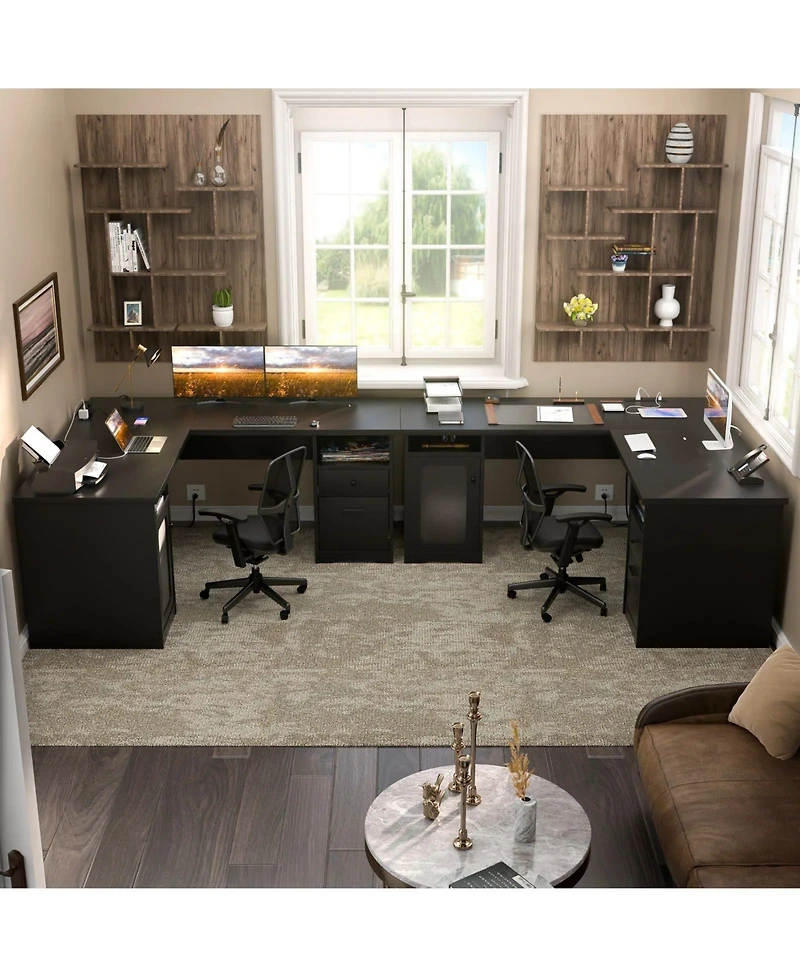 L Shaped Desk with Charging Station, Computer Workstation File Cabinet and Drawers for Office