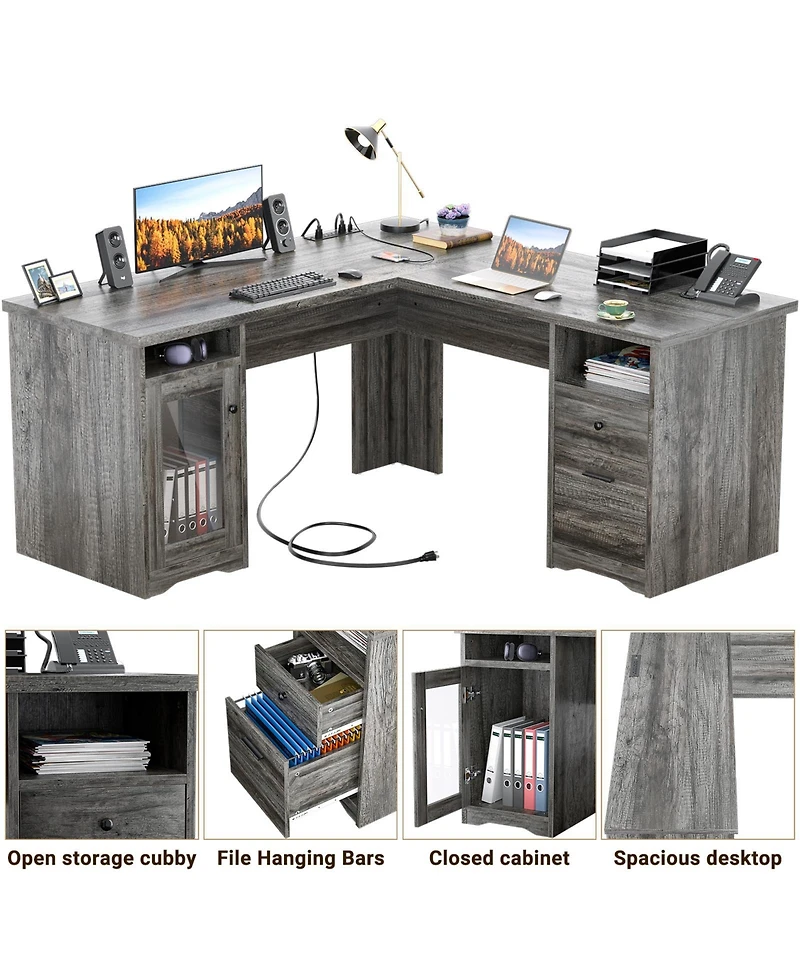 L Shaped Desk with Charging Station, Computer Workstation File Cabinet and Drawers for Office