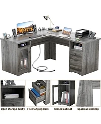 L Shaped Desk with Charging Station, Computer Workstation File Cabinet and Drawers for Office