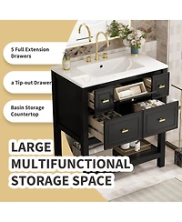 Casainc 30-Inch Bathroom Vanity with Ceramic Sink Combo, Freestanding Single Vanity, 5 Drawers & Solid Wood Storage