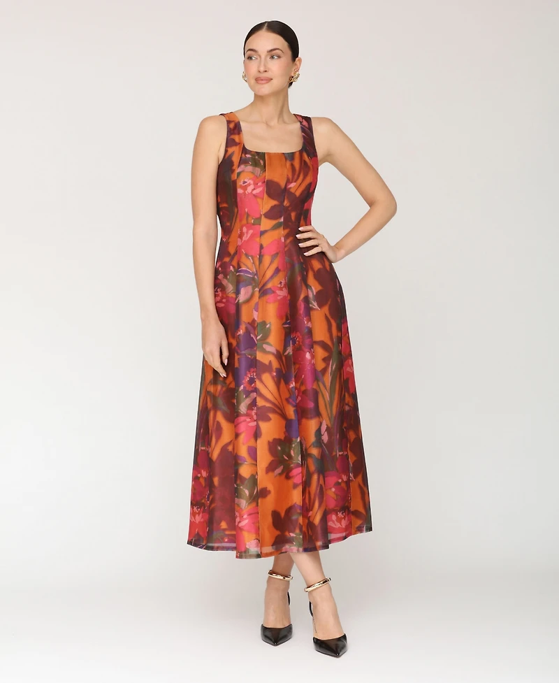 Avec Les Filles Women's Printed Scoop Neck Lantern Midi Dress