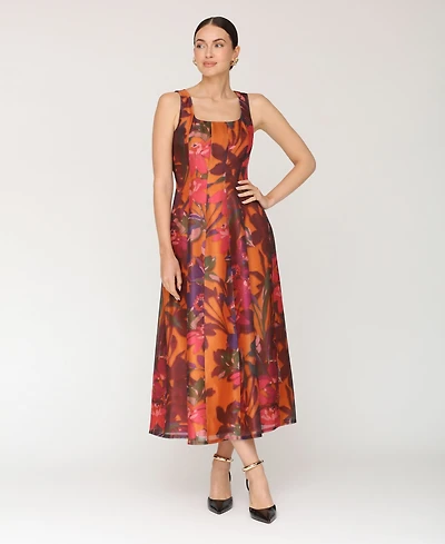 Avec Les Filles Women's Printed Scoop Neck Lantern Midi Dress