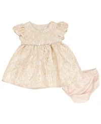 Rare Editions Baby Girls 2-Piece Gold Brocade Puff Sleeve Dress and Diaper Cover Set