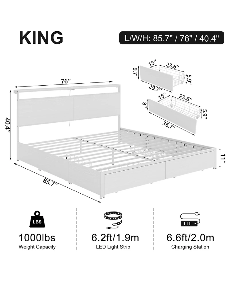 Hausource King Size Bed Frame with Led Storage Headboard & 4 Drawers & Charging Station