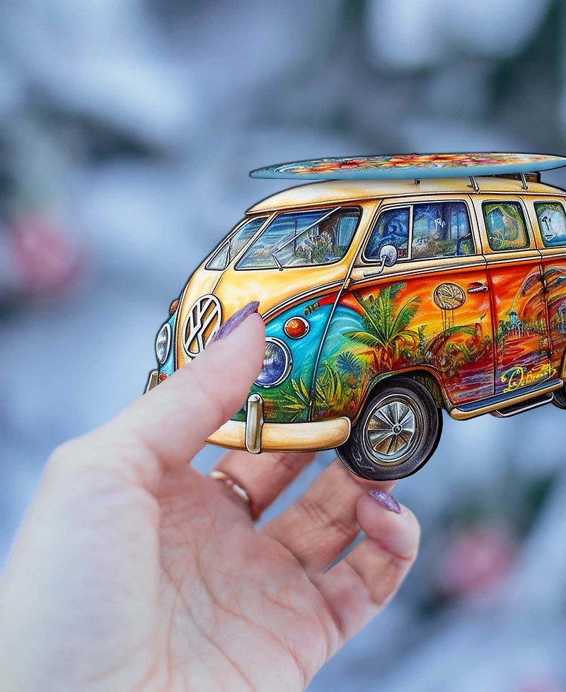 Designocracy Hippie Van Christmas Wooden Ornament