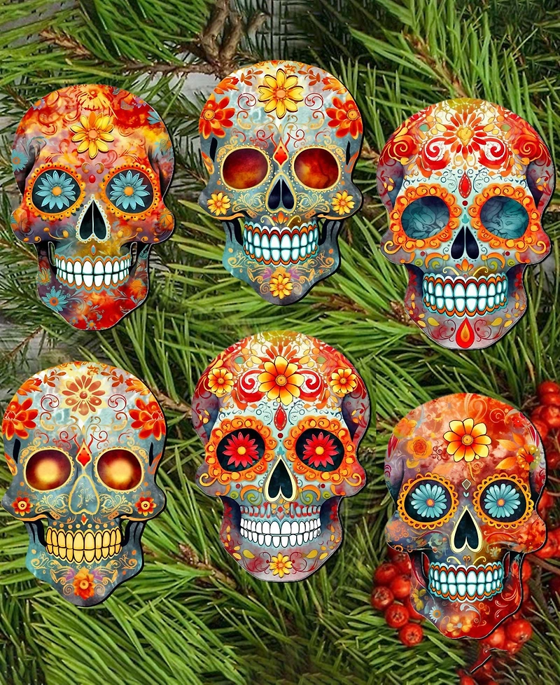 Designocracy Sugar Skulls Wood Clip-on Ornaments, Set of 6