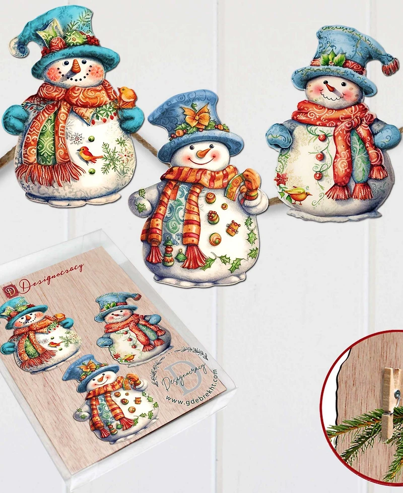 Designocracy Snowman Wooden Clip-on Ornaments, Set of 3