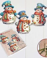 Designocracy Snowman Wooden Clip-on Ornaments, Set of 3