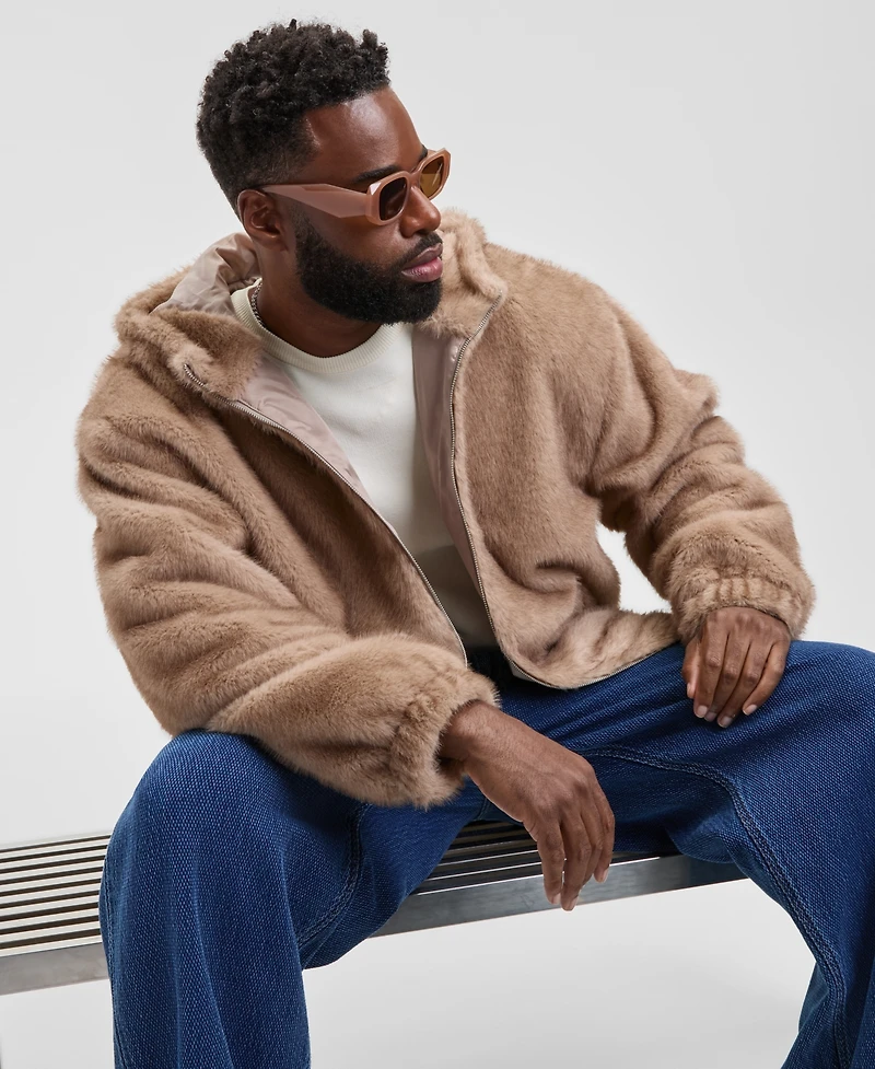 Mode of One Men's Relaxed Fit Long Sleeve Zip-Front Faux Fur Hoodie, Macy's Exclusive