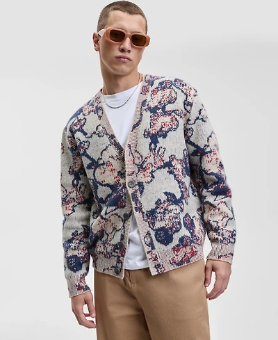 Mode of One Men's Relaxed Fit Long Sleeve Abstract Floral V-Neck Cardigan Sweater, Macy's Exclusive