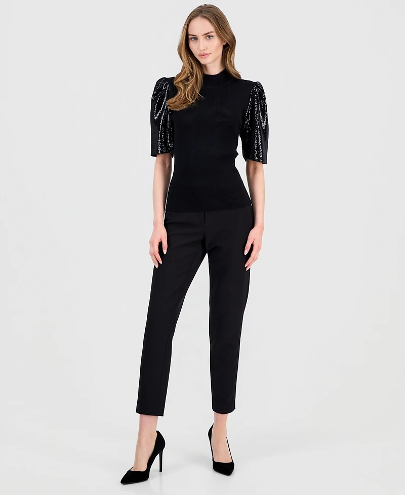 T Tahari Women's Sequin-Sleeve Ribbed Top