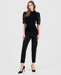 T Tahari Women's Sequin-Sleeve Ribbed Top