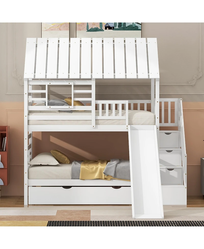 Boyel Living Twin over House Bunk Bed with Trundle and Slide, Storage Staircase, Roof Window Design