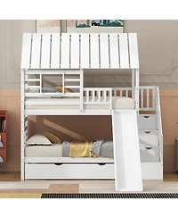 Boyel Living Twin over House Bunk Bed with Trundle and Slide, Storage Staircase, Roof Window Design