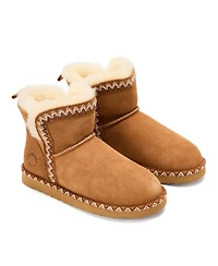 Fireside by Dearfoams Women's Perth Genuine Shearling Fold Down Bootie with Embroidery
