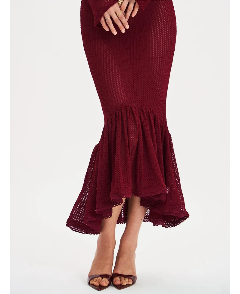 Miss Circle Women Kaedyn Burgundy Off Shoulder Long Sleeve Crochet Mermaid Maxi Dress