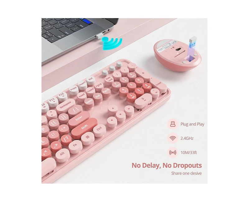 Wireless Keyboard And Mouse Set - Cute Keyboard And Mouse Combo, Full Size Keyboard With Number Pad & Round Keycaps For Windows Pc Laptop