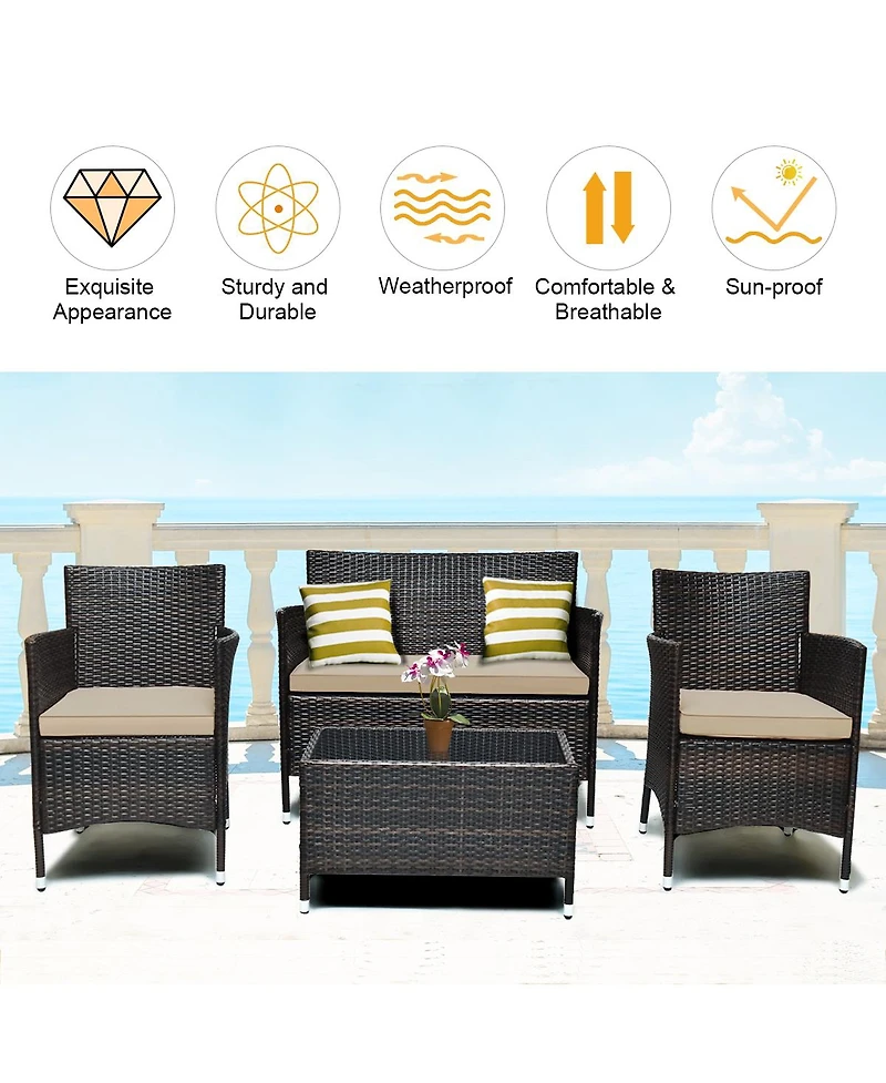 4PCS Rattan Patio Furniture Set Cushioned Sofa Chair Coffee Table Garden