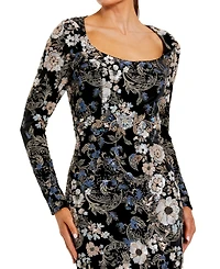Mac Duggal Women's Embroidered Velvet Long Sleeve Scoop Neck Gown