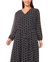 Msk Plus Geometric Print Long Sleeves Maxi Dress