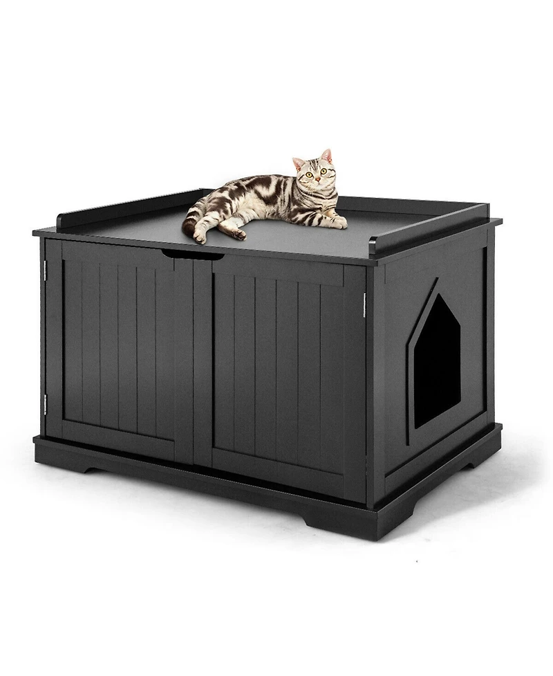 Gymax Cat Litter Box Wooden Enclosure Pet House Sidetable Washroom Storage Bench