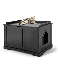 Gymax Cat Litter Box Wooden Enclosure Pet House Sidetable Washroom Storage Bench
