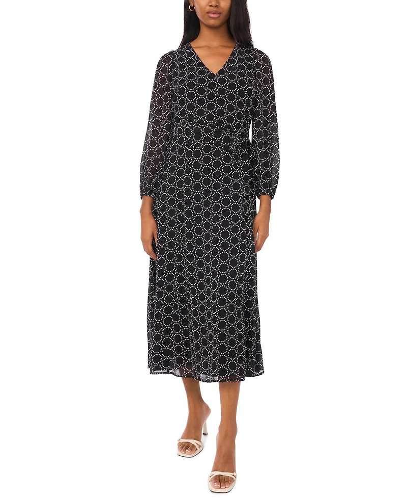 Msk Petite Geometric Print V-Neck Long Sleeves Midi Dress