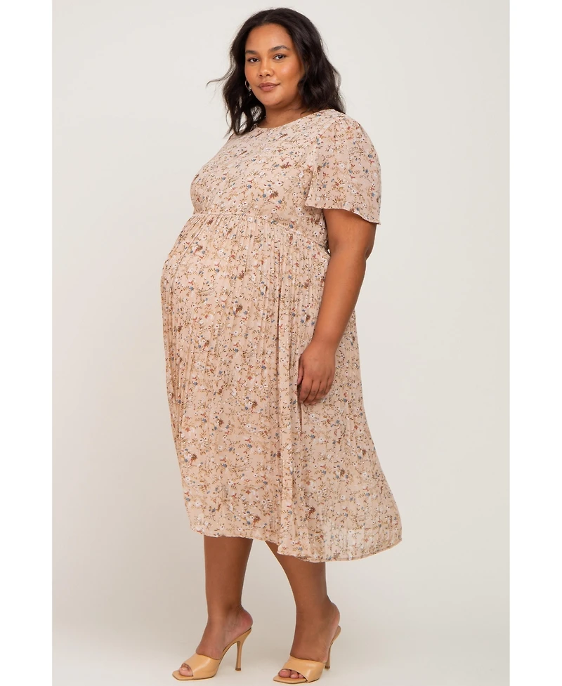 Pinkblush Plus Light Pink Floral Pleated Chiffon Midi Dress