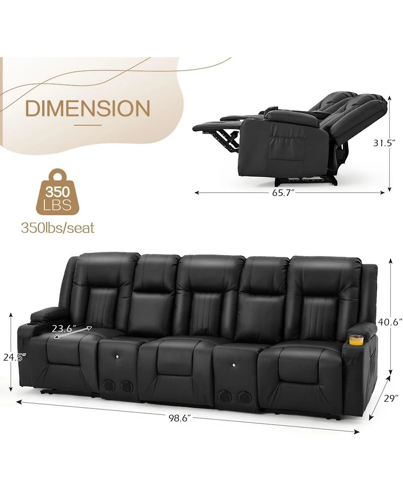 Aecojoy 3 Seater Recliner Sofa with 2 Console&Bluetooth Speakers
