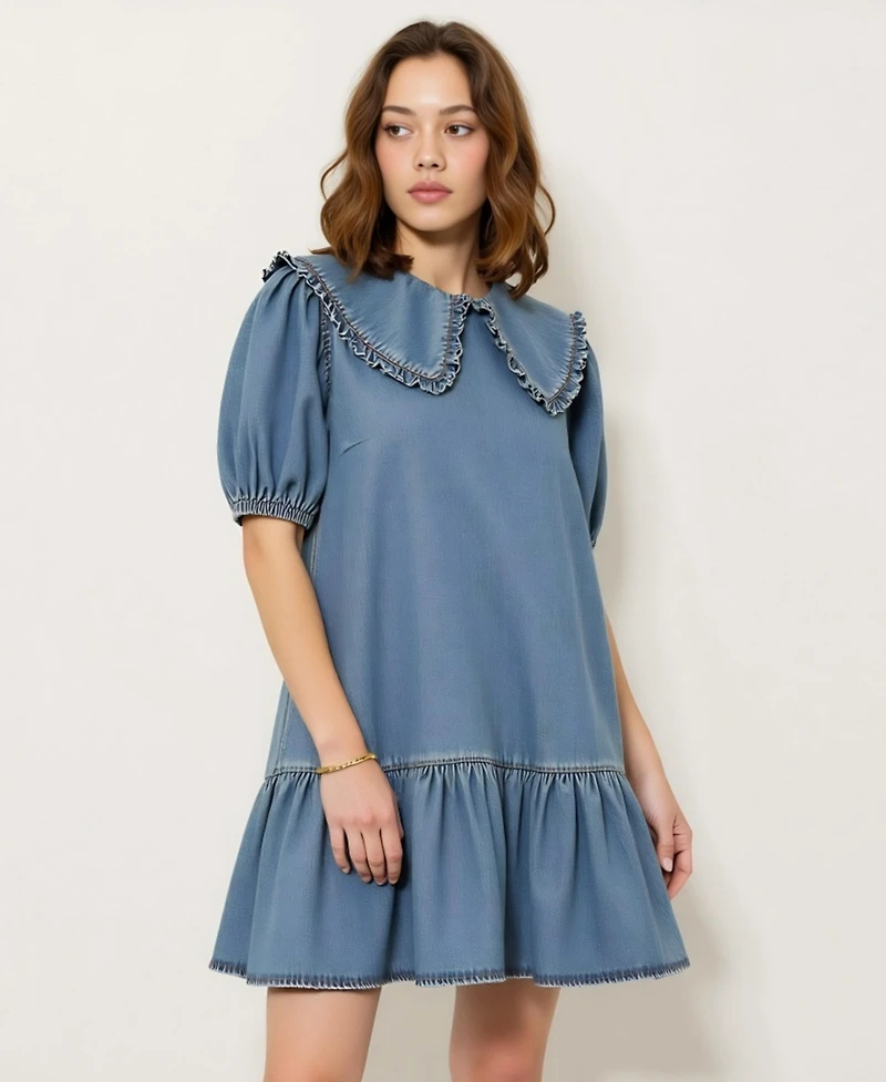 Modenaire Women's Ruffled Collar Short Dress with Puff Sleeves and Tiered Hem