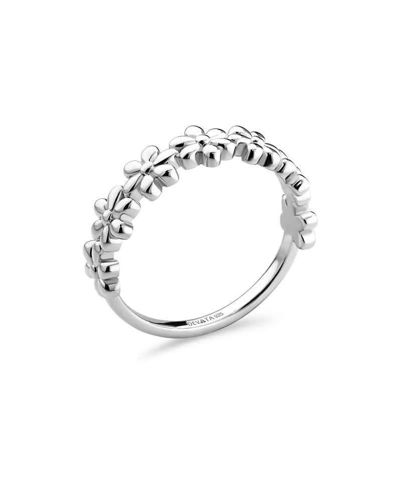 Devata Daisy Flower Ring in Rhodium Plated Sterling Silver, Size 8