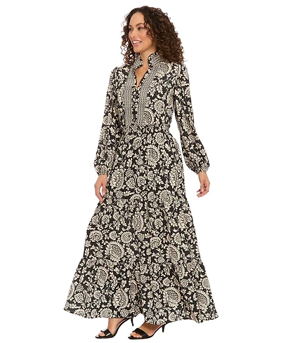 London Times Women's Ruffle Neck Smocked Waist Dress