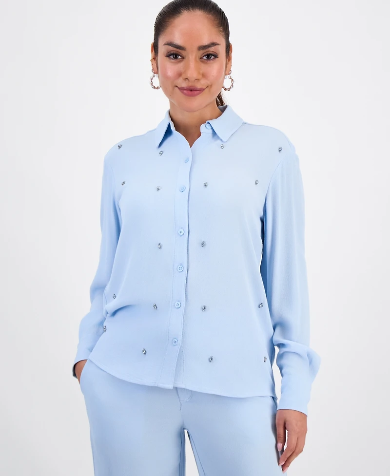 I.n.c. International Concepts Petite Long-Sleeve Embellished Button-Front Blouse, Macy's Exclusive
