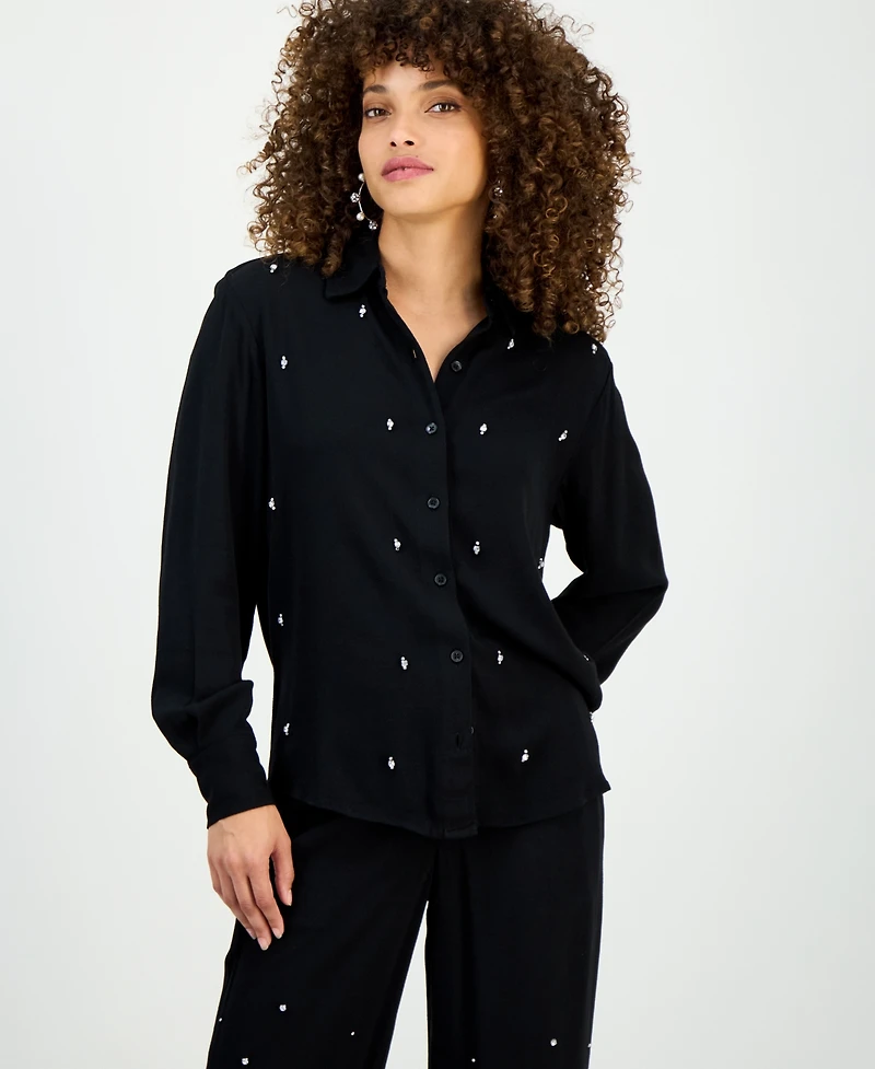 I.n.c. International Concepts Petite Long-Sleeve Embellished Button-Front Blouse, Macy's Exclusive