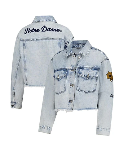 Hype and Vice Women's Denim Notre Dame Fighting Irish Light wash Cropped Button-Up Jean Jacket