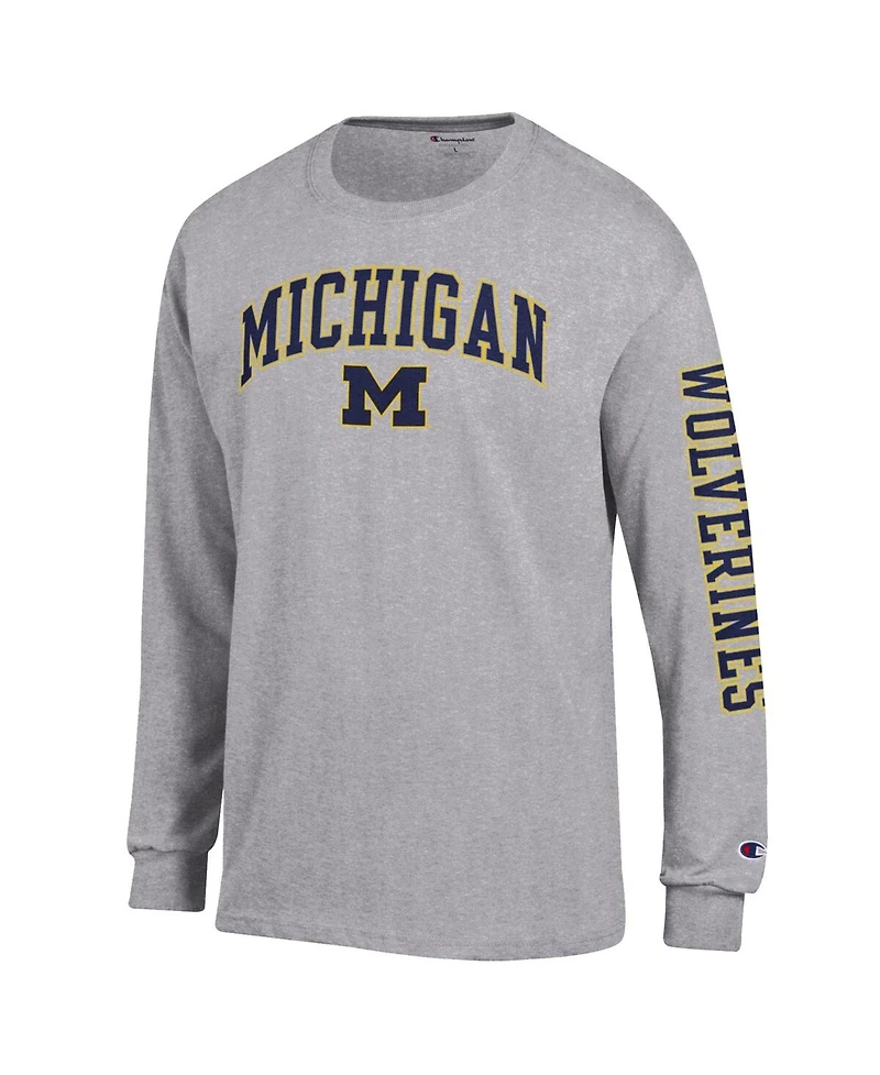 Champion Men's Heather Gray Michigan Wolverines Arch Over Logo 2-Hit Long Sleeve T-Shirt