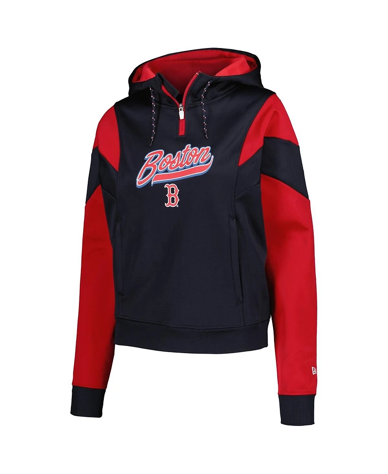 New Era Women's Navy Boston Red Sox Color Block Fleece Quarter-Zip Hoodie