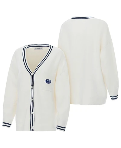 ZooZatz Women's Cream Penn State Nittany Lions Striped Knit Button-Up Cardigan Sweater