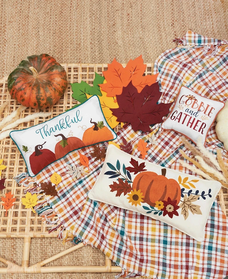 Autumn Pumpkins & Flowers 100% Cotton Chain Stitched Long Accent Pillow 12" x 24"