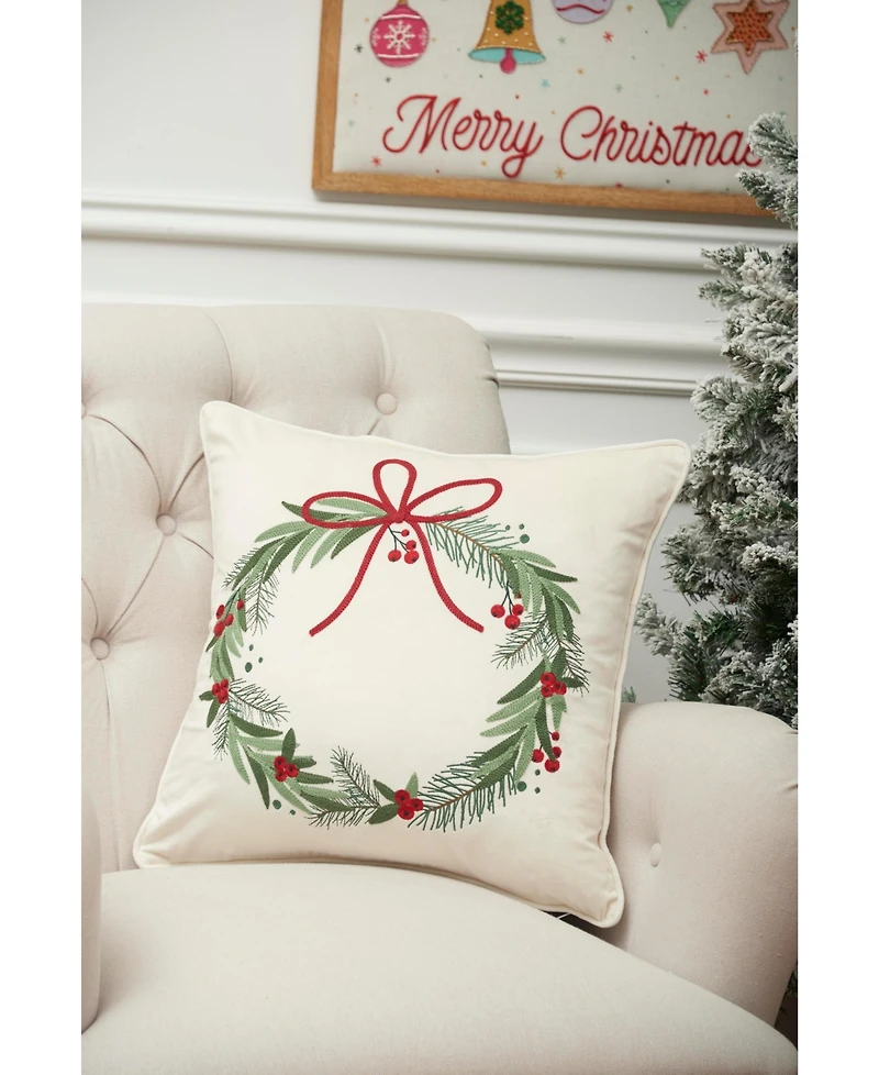 Red Bow Christmas Wreath Accent Throw Pillow 18" x 18"