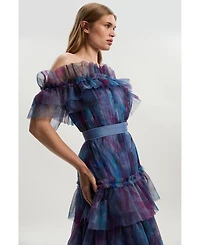 Karen Millen Women's Floral Tulle Off Shoulder Maxi Dress