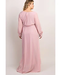 Pinkblush Plus Light Pink Chiffon Long Sleeve Pleated Maxi Dress