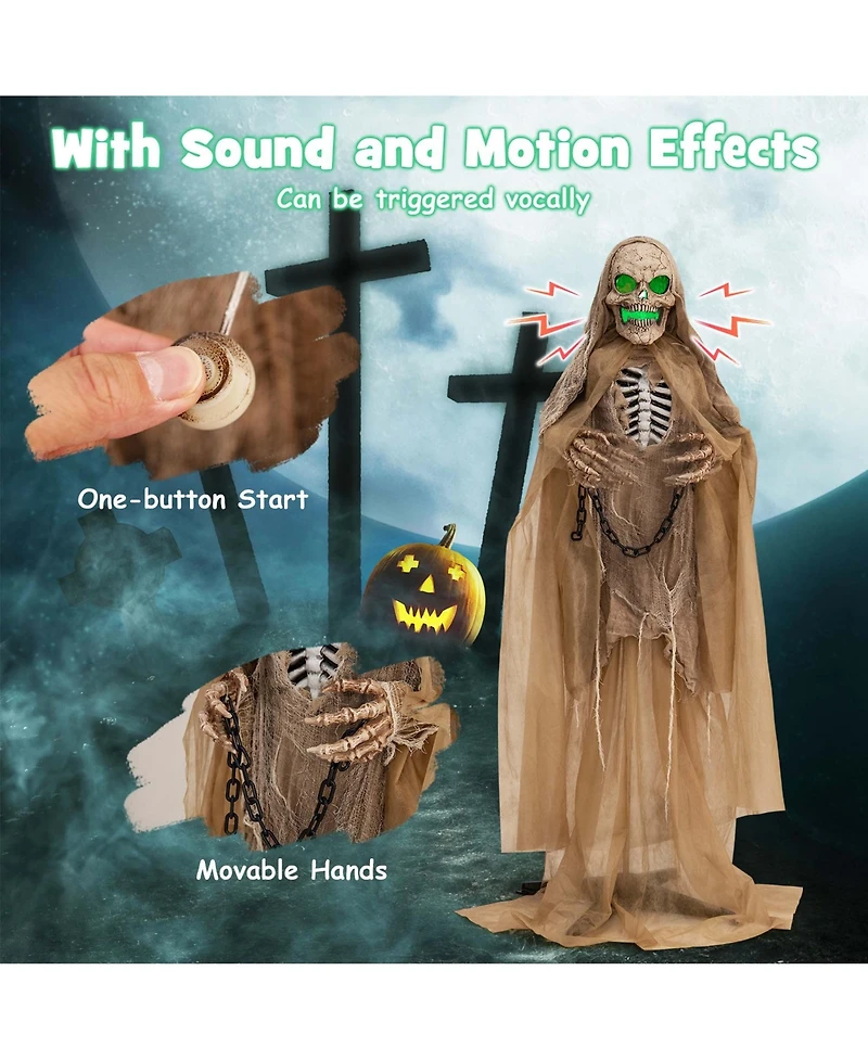 Lighted and Animated Halloween Decoration 67" Outdoor Halloween Skeleton w/ Led Creepy Skull w/ Vocally Triggered Sound & Motion Effects