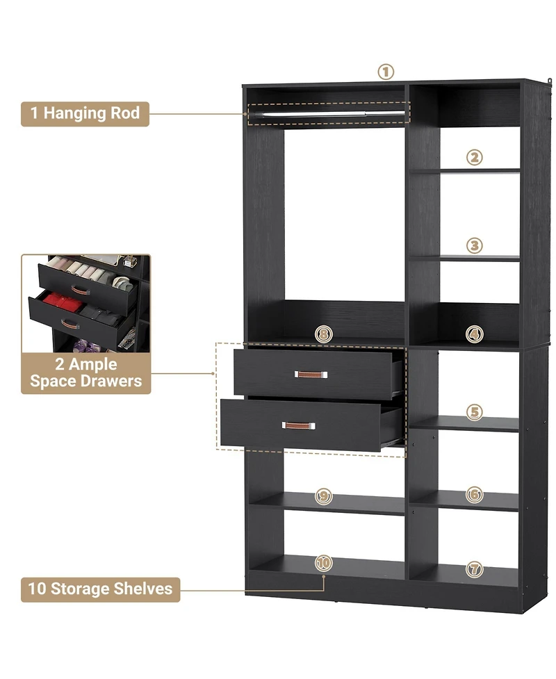 Aheaplus 8FT Walk Closet Organizer with 3 Shelving Towers, Heavy Duty Clothes Rack Drawers