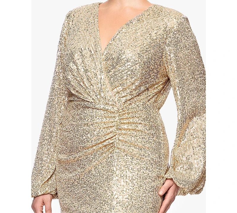 Betsy & Adam Plus Sequin V-Neck Long Bell Sleeves Dress